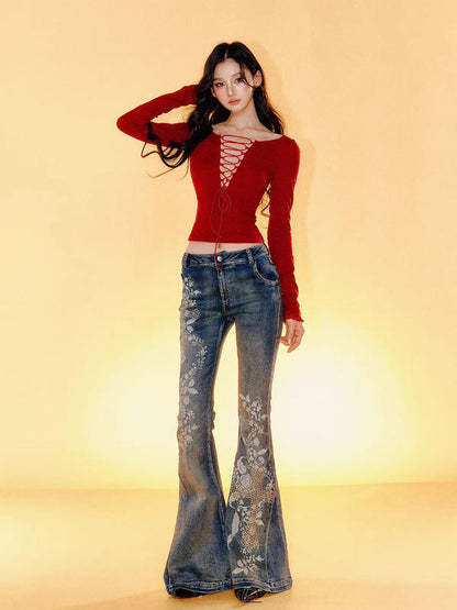 Lace Backless Tie-Up Long Sleeve T-shirt