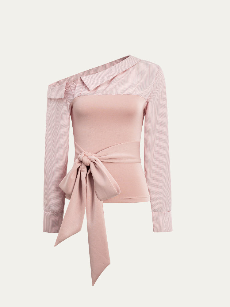 Asymmetric Shoulder Fake Two-Piece Striped Patchwork Shirt