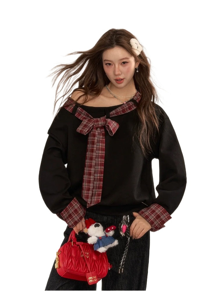 Plaid Patchwork Bow Sweatshirt