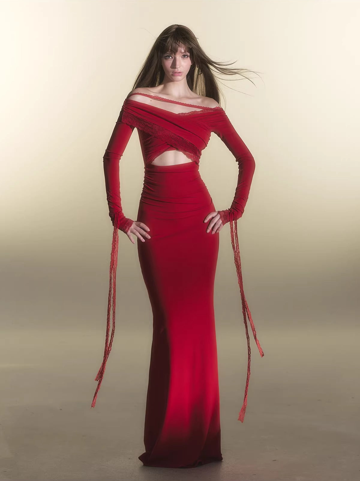 Red Off-Shoulder Long-Sleeve Bodycon Dress