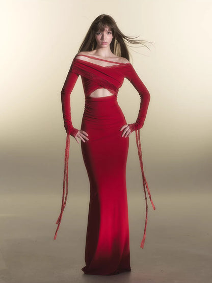 Red Off-Shoulder Long-Sleeve Bodycon Dress