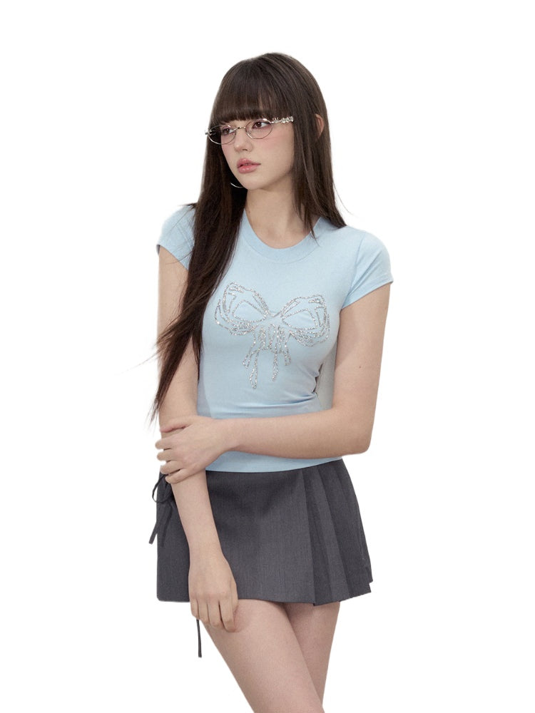 Bow Tie Rhinestone Short Sleeve T-shirt