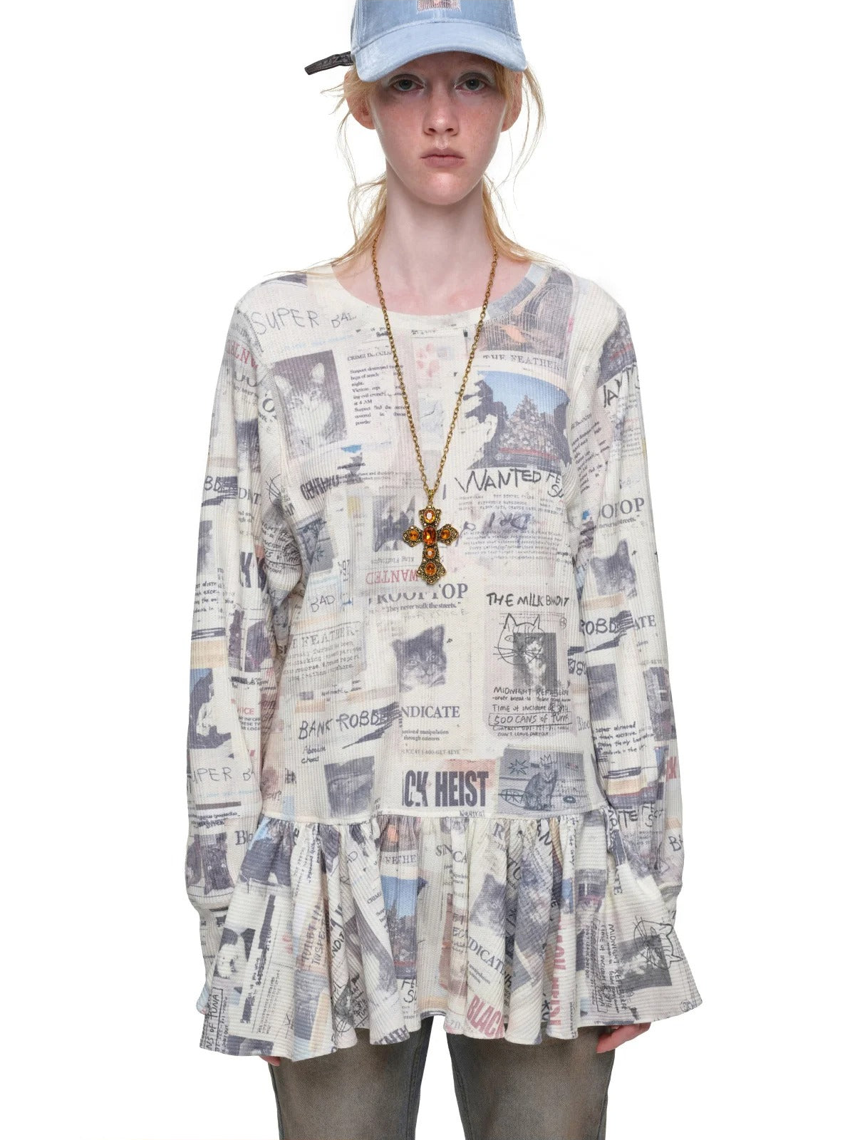 Cat Newspaper Ruffle Waffle Dress