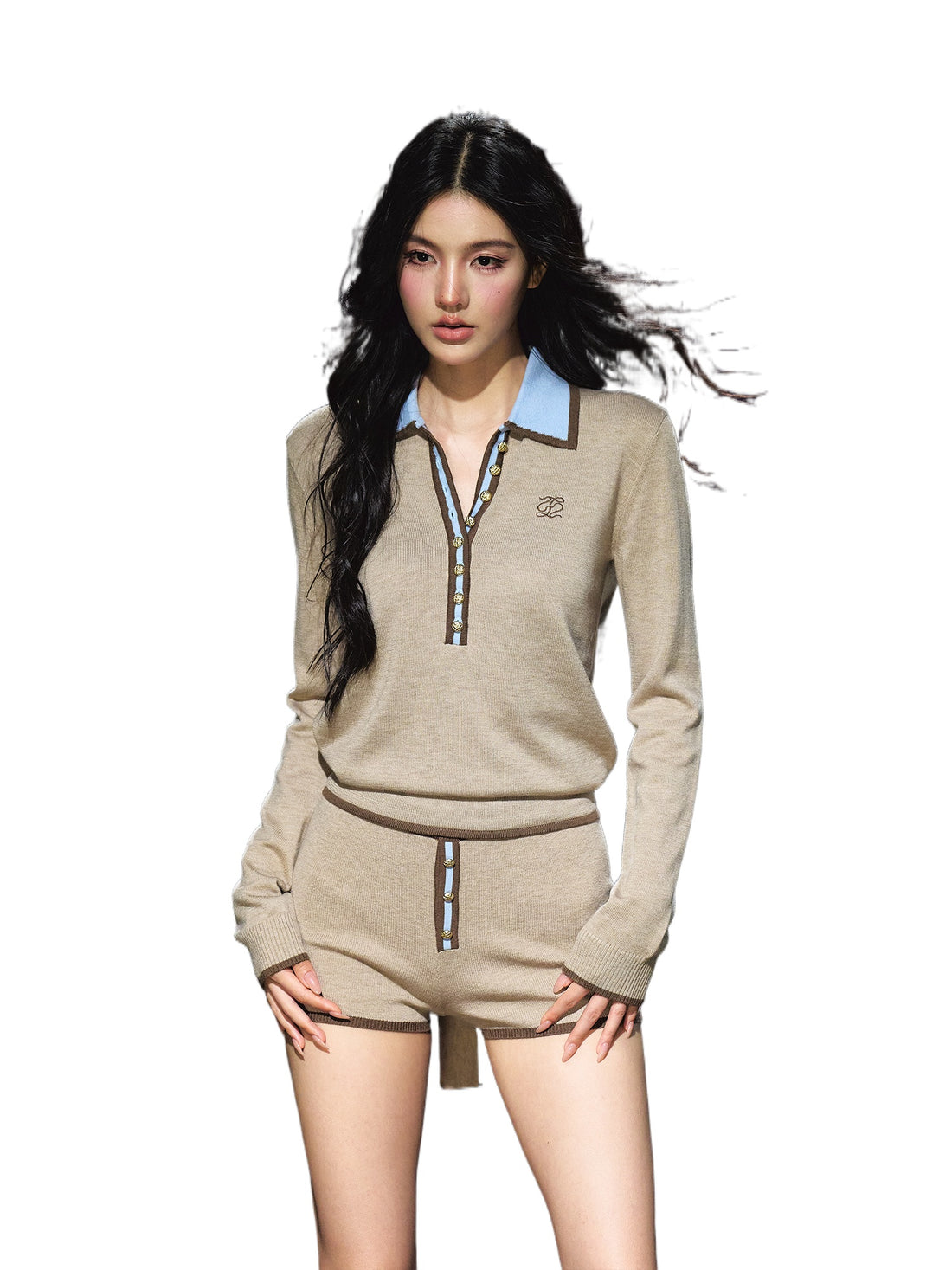 Contrast Tie-Neck Polo Knit Set