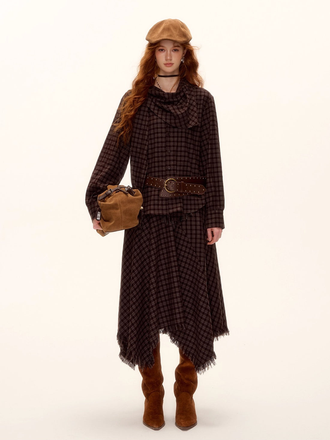 Frayed Hem Plaid Studded Belt Asymmetric A-Line Midi Skirt