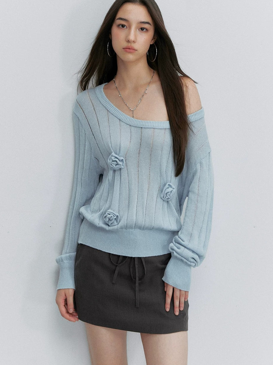 Asymmetric Floral Openwork Knit Top