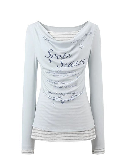 Blue &amp; Gray Printed Draped Long-Sleeve T-shirt