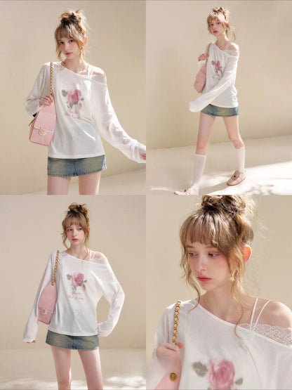 Rose Print Lace Top &amp; Skirt Set