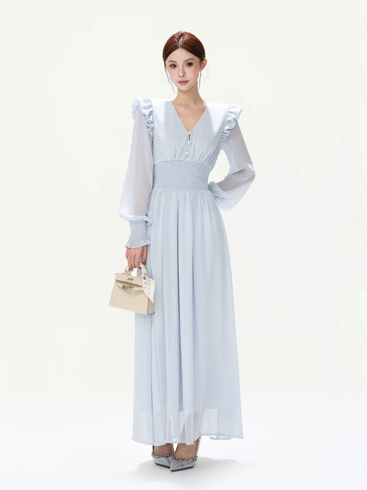 French Ruffle Chiffon Lantern Sleeve Dress