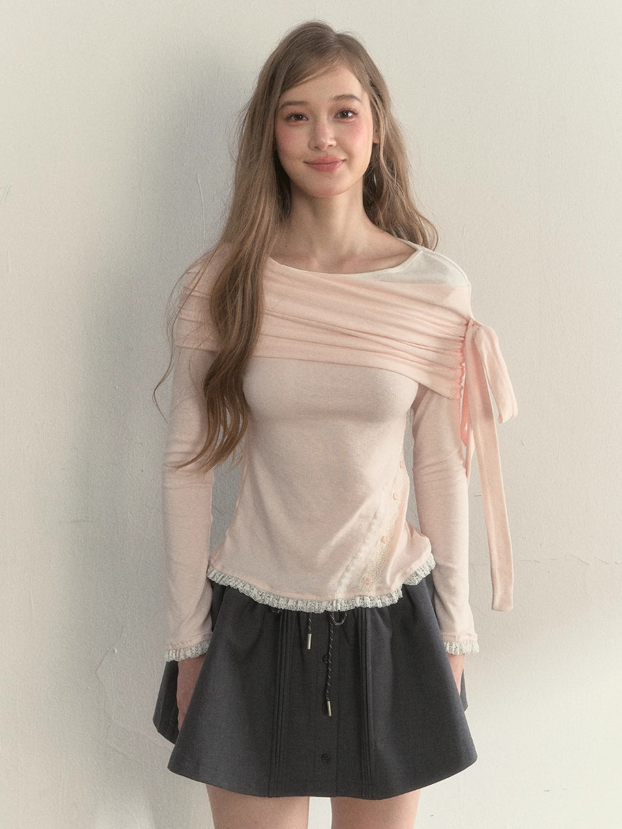 “Ribbon Shoulder” Off-Shoulder Knit Top