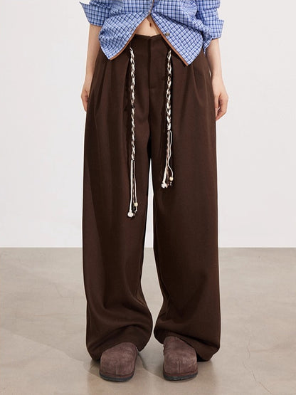 Black &amp; Brown Belted Wool Wide-Leg Pants