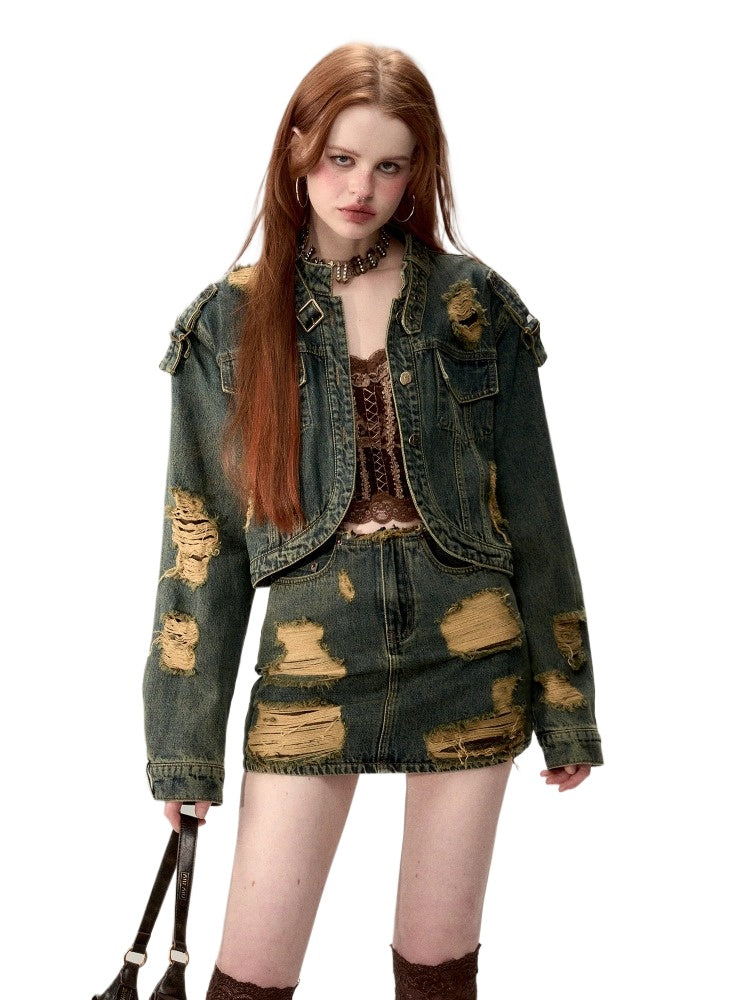 Double-Layer Distressed Denim Jacket