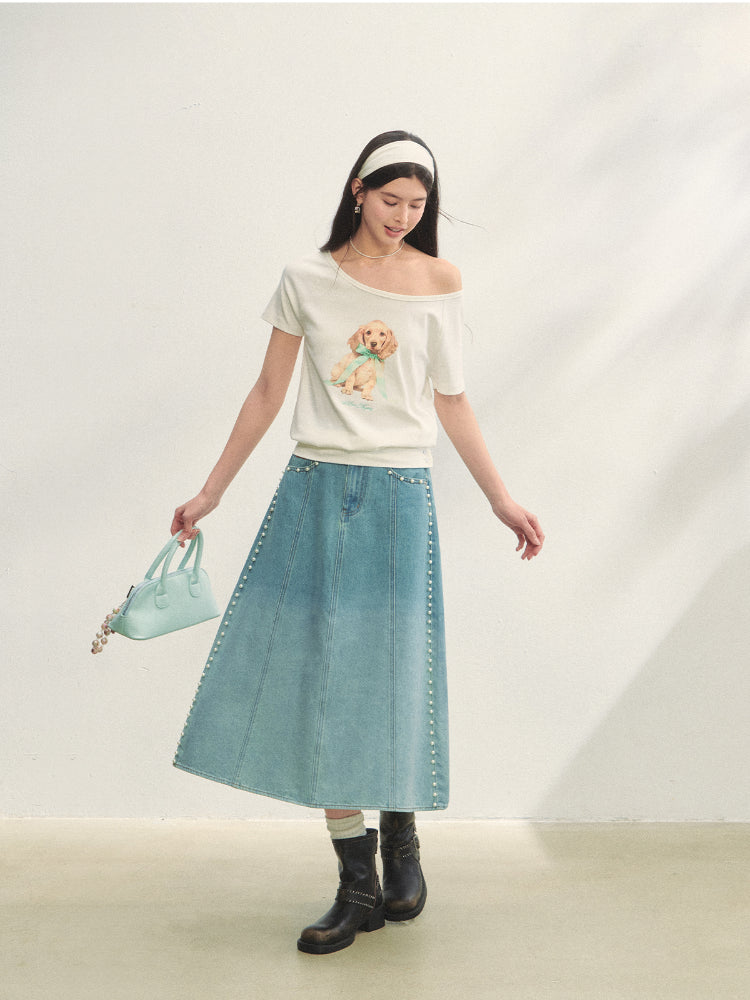 Beaded Washed Gradient Denim Skirt