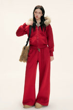 Red Fur-Trimmed Hoodie & Pants Set
