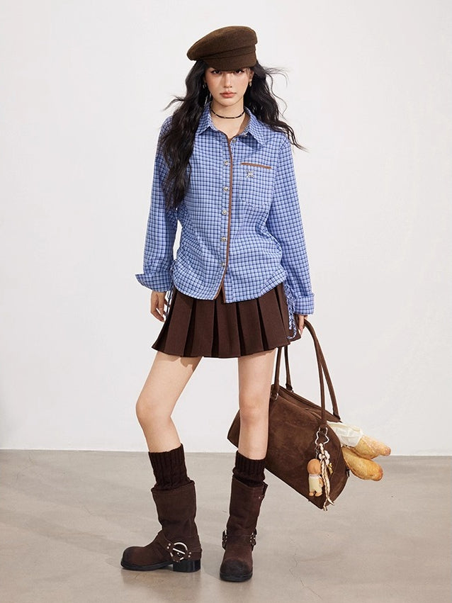 Plaid &amp; Brown Wool Pleated Mini Skirt