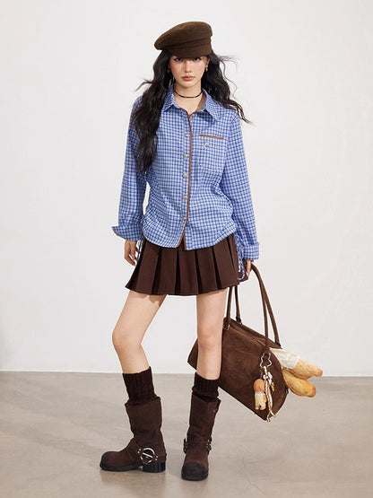 Plaid &amp; Brown Wool Pleated Mini Skirt