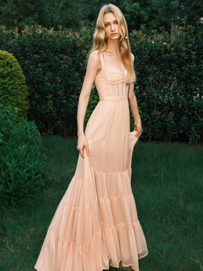 Tia Beaded Crochet Pleated Mesh Halter  Dress