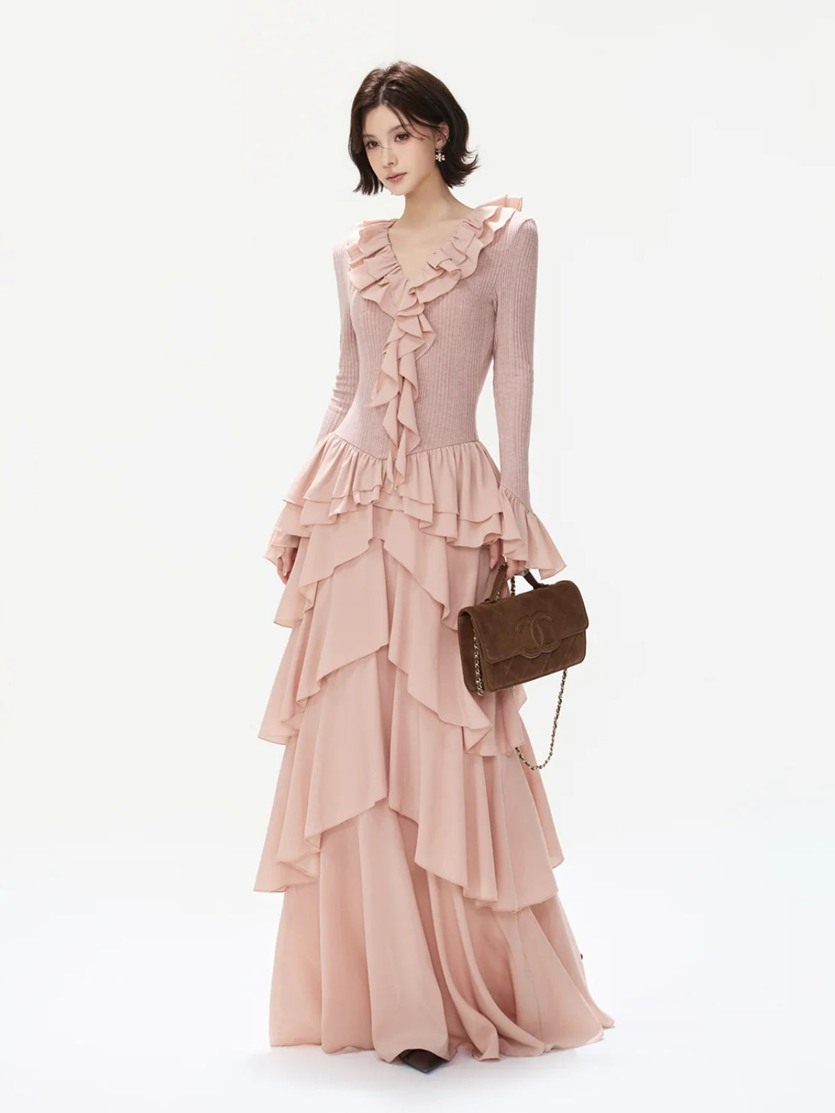 Ruffled Knit Chiffon Tiered Maxi Dress