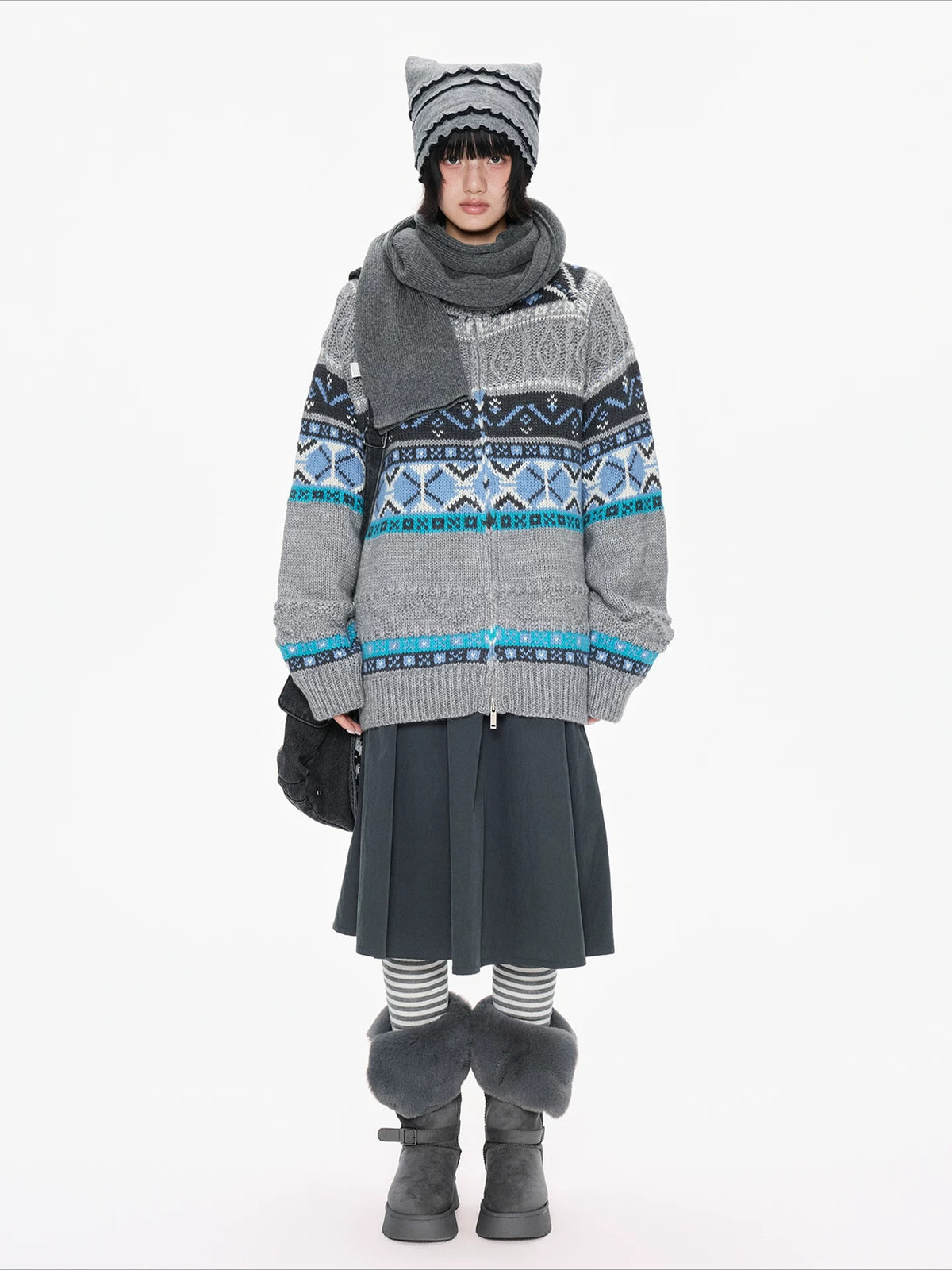 Contrast Stand Collar Knit Cardigan