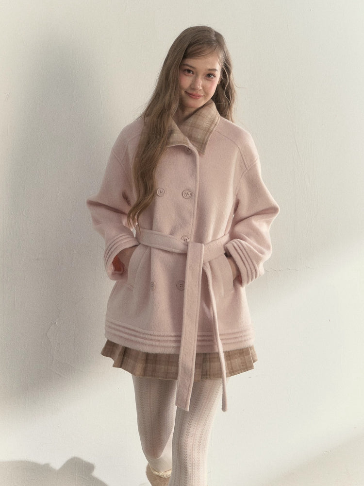 Plaid-Collar Double-Breasted Wool Coat