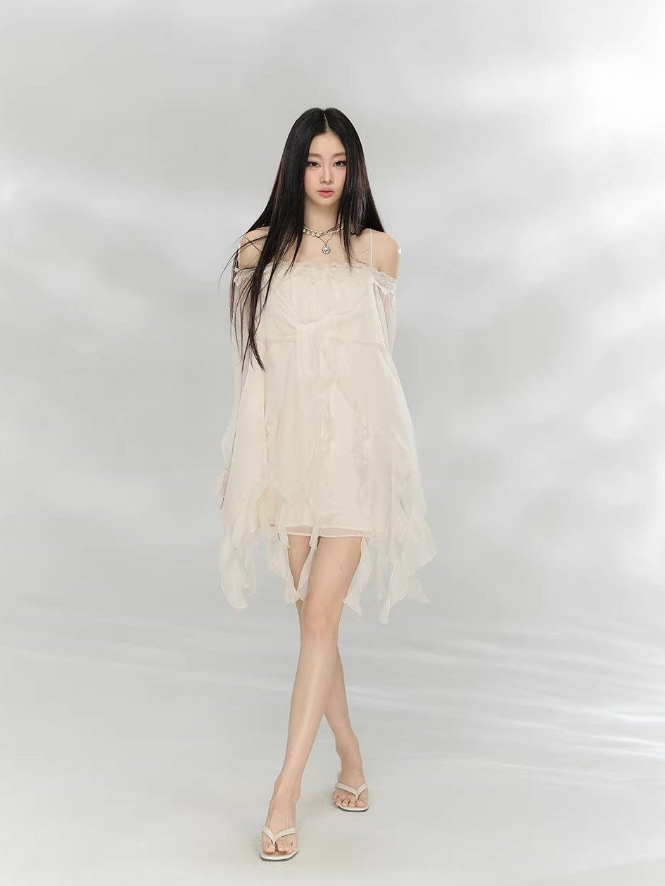 Beige Lace Off-Shoulder Dress