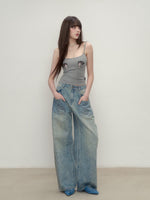 3D Rhinestone Wide-Leg Denim Pants