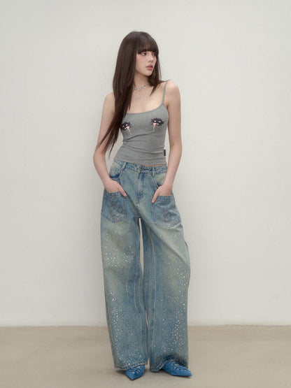 3D Rhinestone Wide-Leg Denim Pants