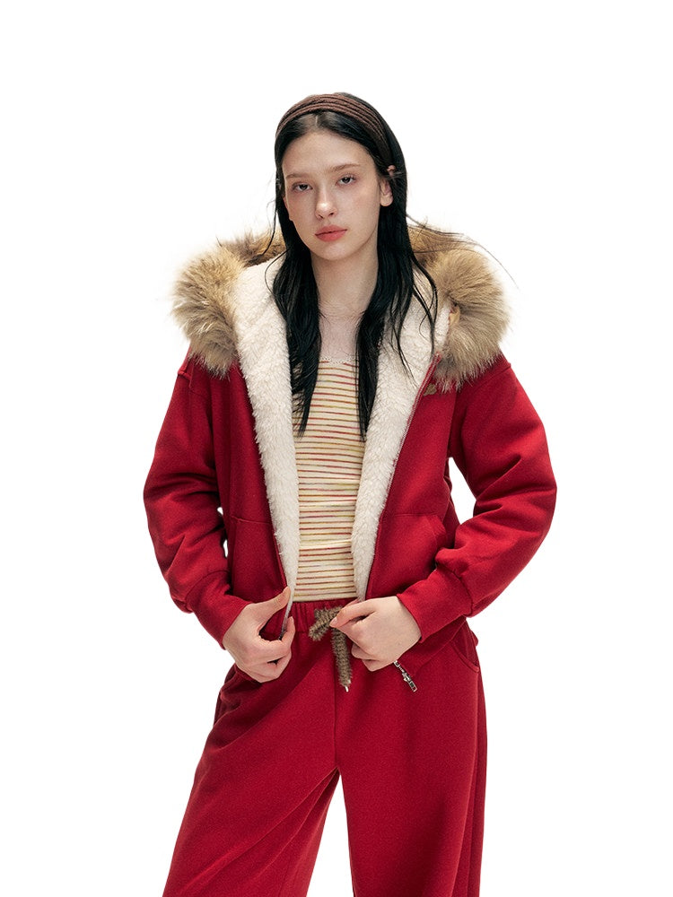 Red Fur-Trimmed Hoodie &amp; Pants Set
