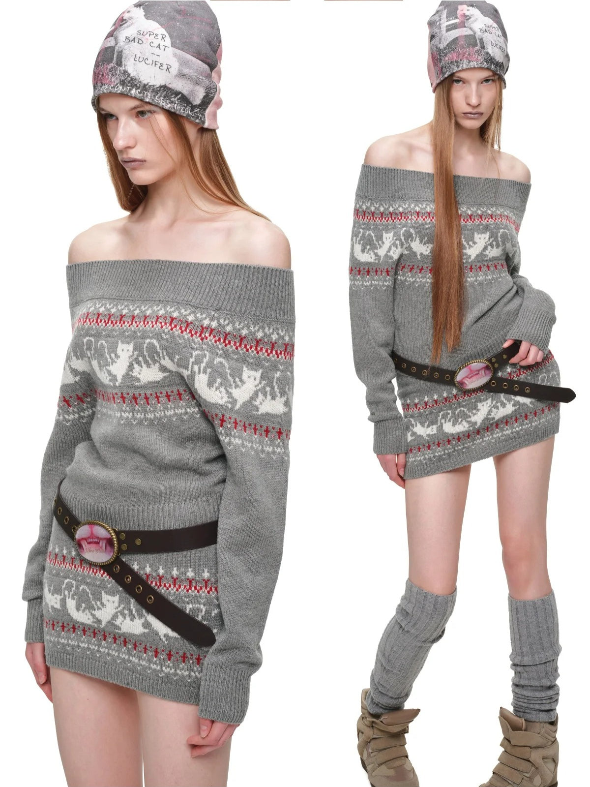 Fair Isle Cat Off-Shoulder Sweater