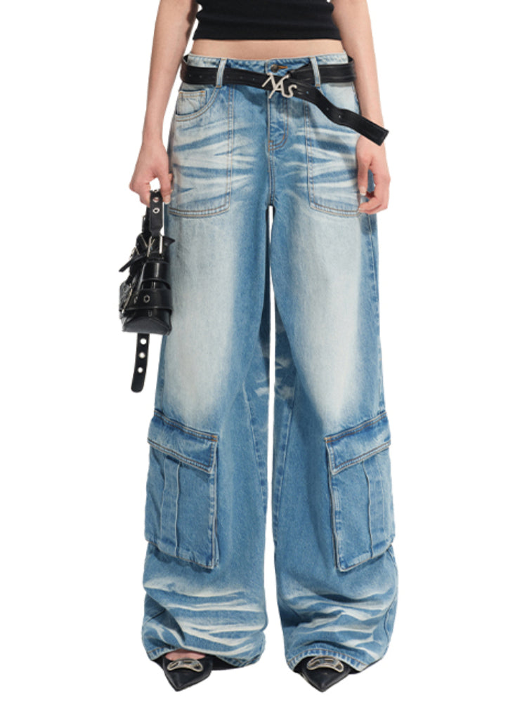 Washed Twill Denim Whisker Wide-leg Jeans