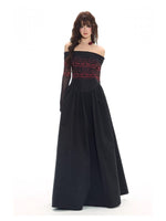Black-Spliced Slim Off-Shoulder Dress