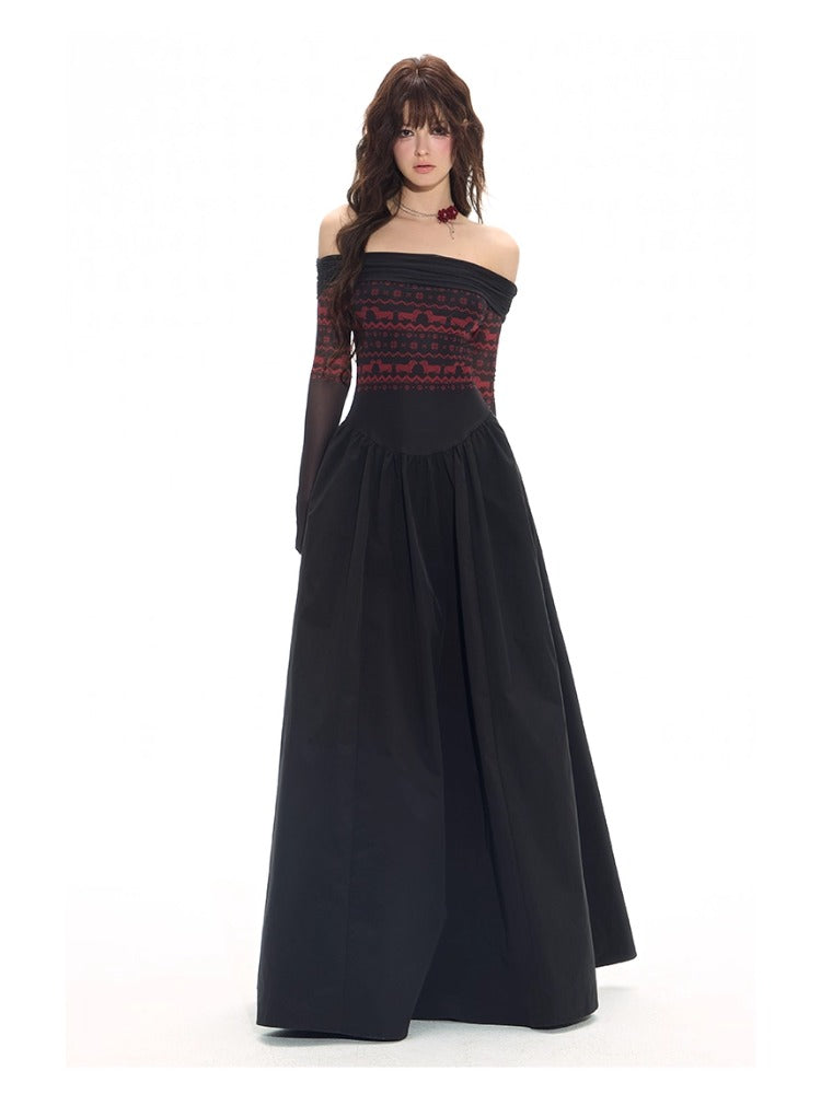 Black-Spliced Slim Off-Shoulder Dress