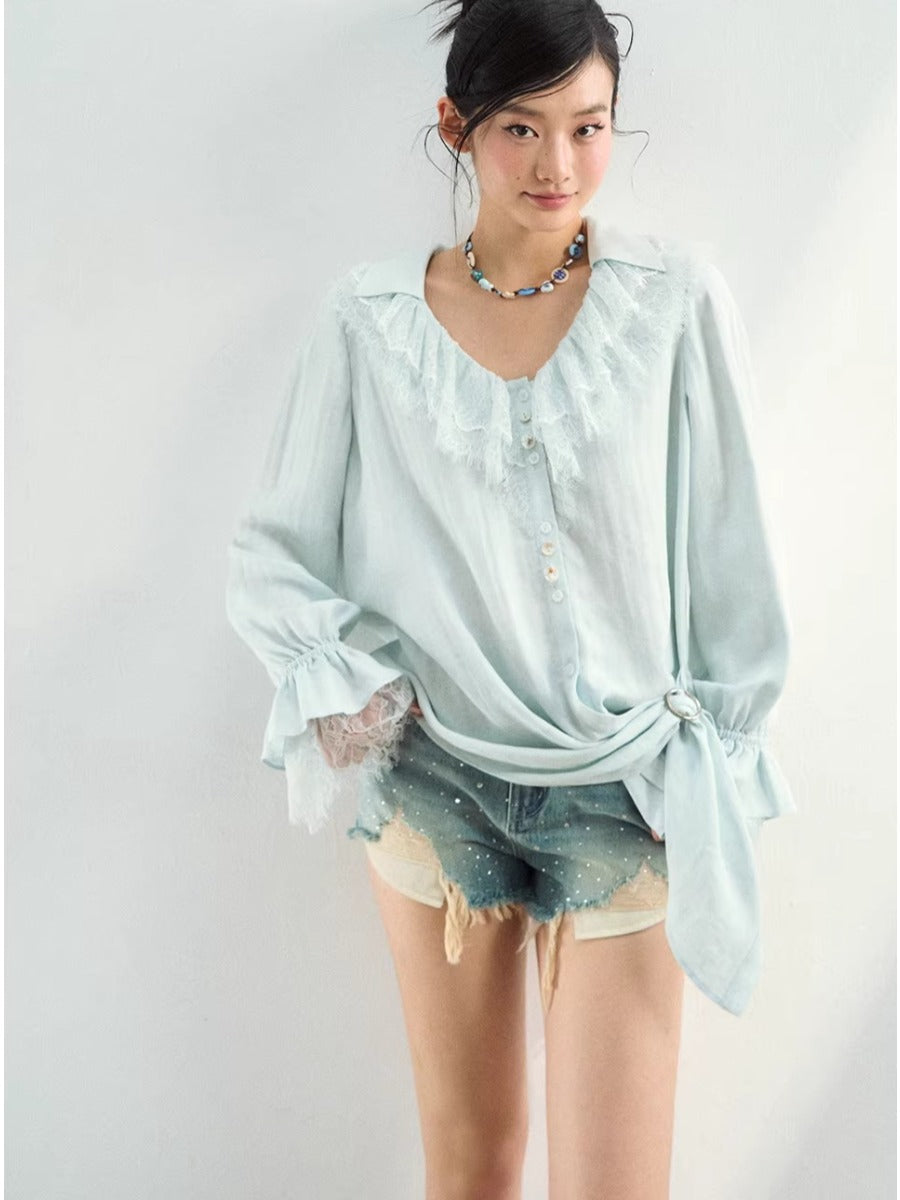 Lace Trim Lyocell Blouse