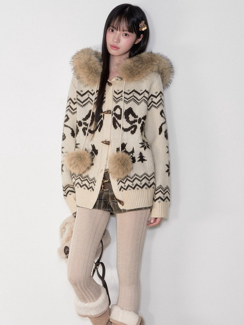 Fair Isle Fur Collar Toggle Knit Coat