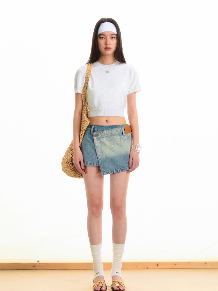 Gradient Rhinestone Shoulder Short-Sleeve T-shirt