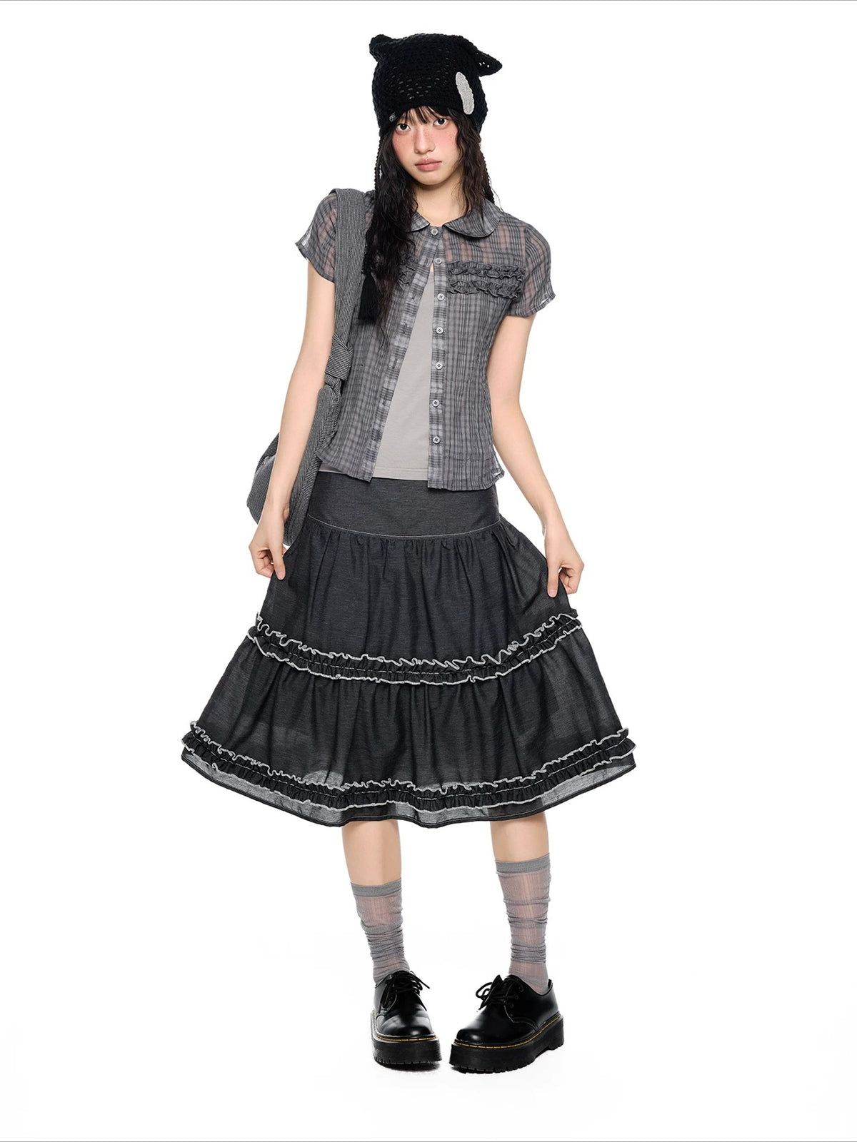 Pleated Plaid Collar Top