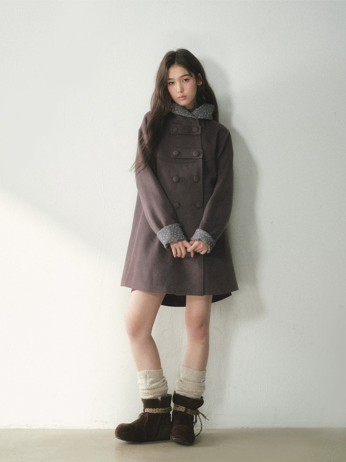 Double-Breasted Floral Hooded Wool Coat