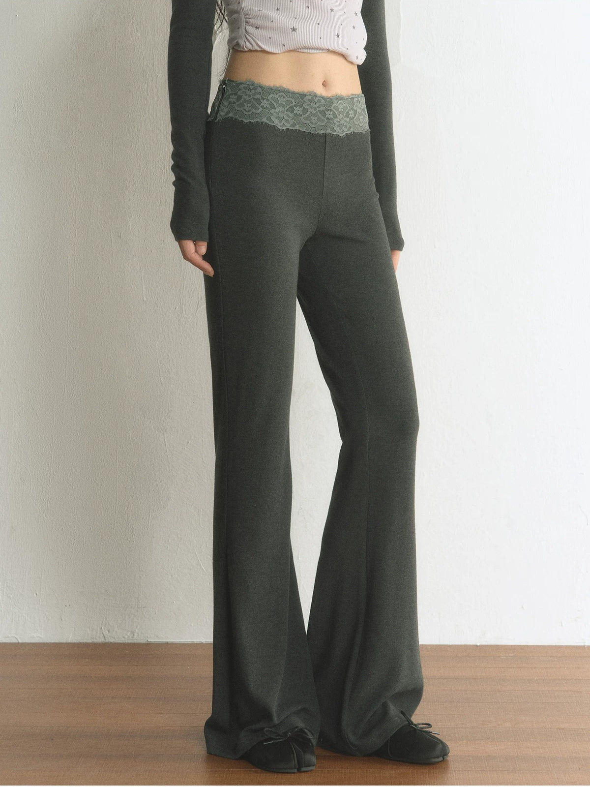 Lace Waist Soft Knit Flared Pants