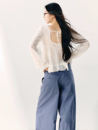 White Ruffle V-neck Blouse