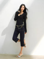 Shimmer Yarn Distressed V-Neck Knit Top