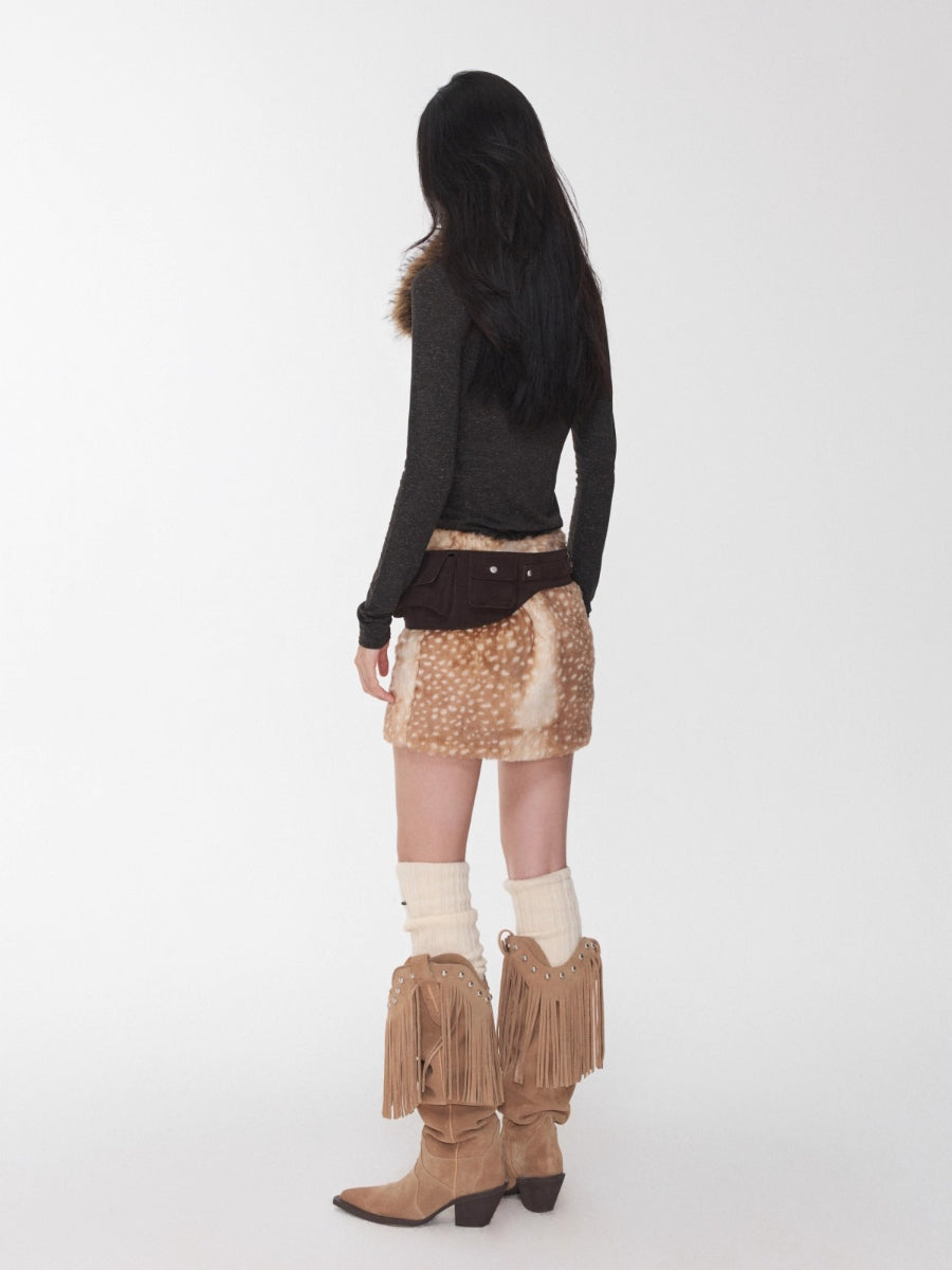 Vintage Deer Print Faux Fur Skirt