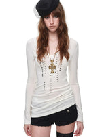 Rhinestone V Neck Knit Top