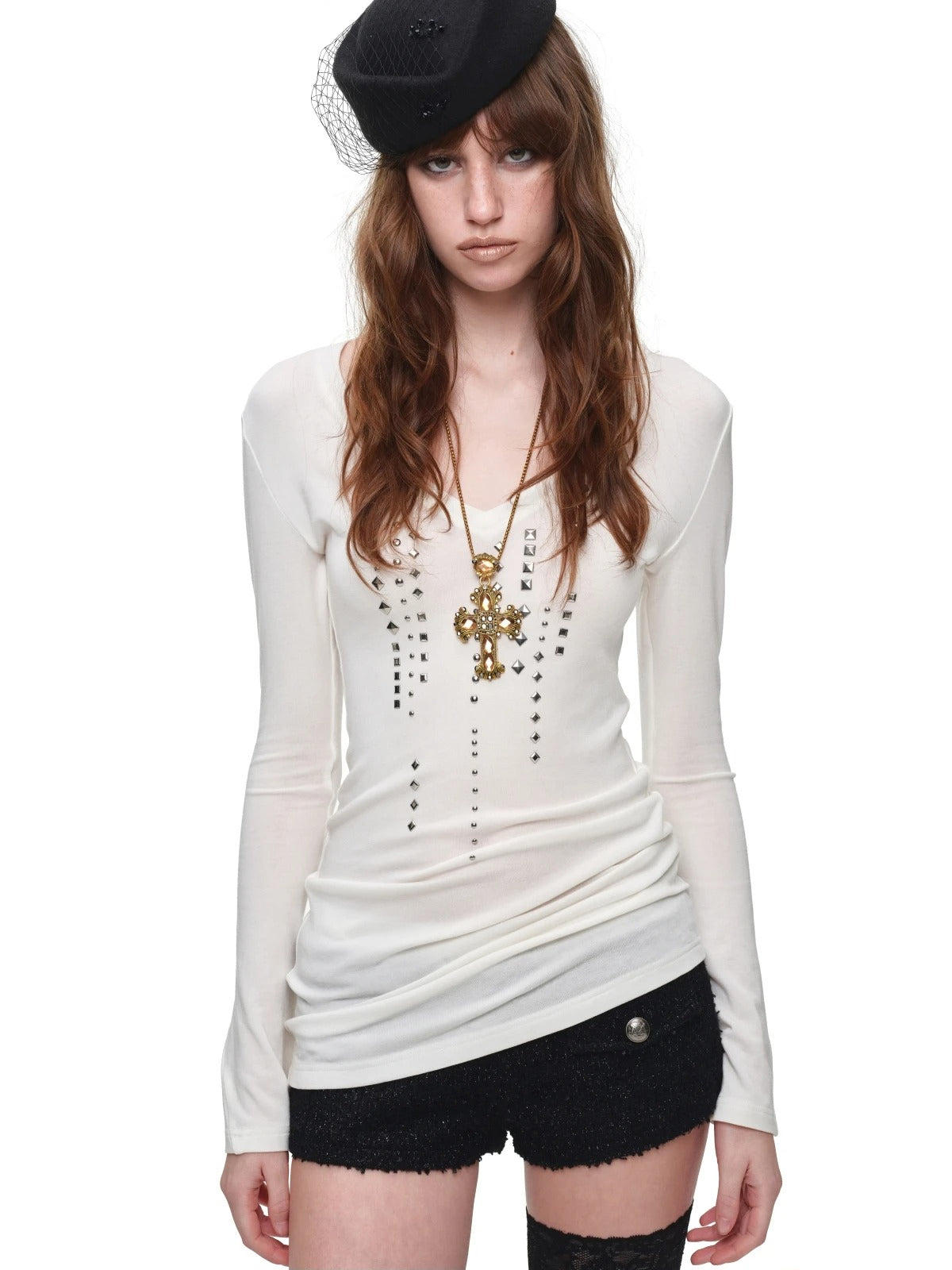 Rhinestone V Neck Knit Top