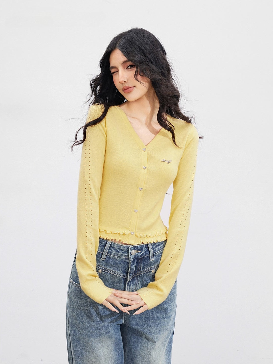 Lace-Trim Slim Knit Cardigan