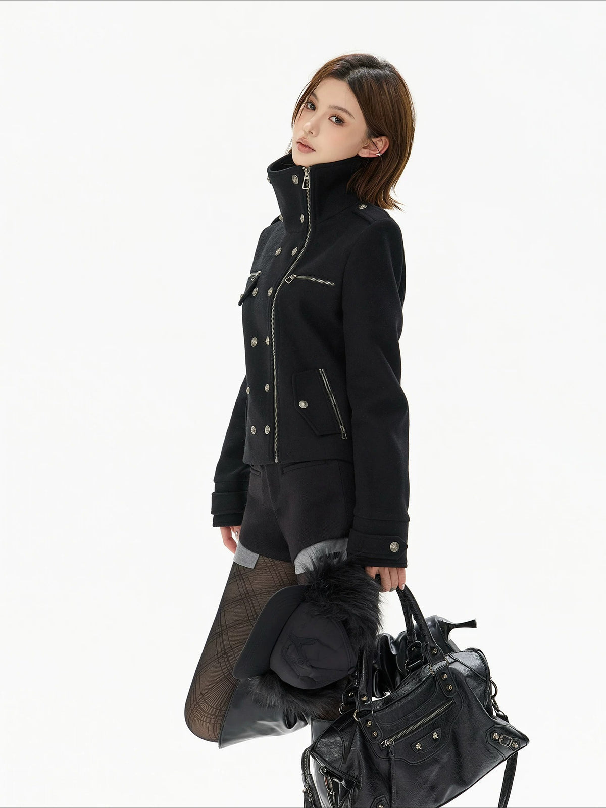 Black Double-Breasted Stand Collar Biker Jacket