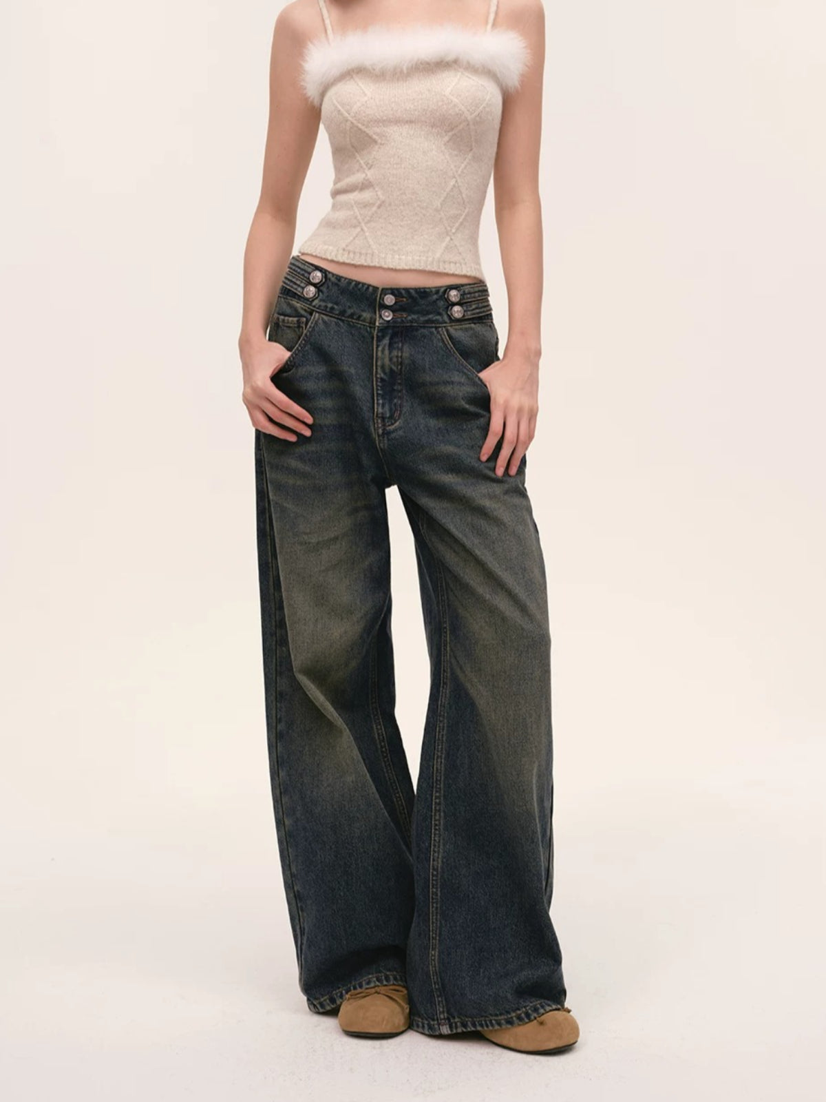 Vintage Double Button Wide-Leg Jeans