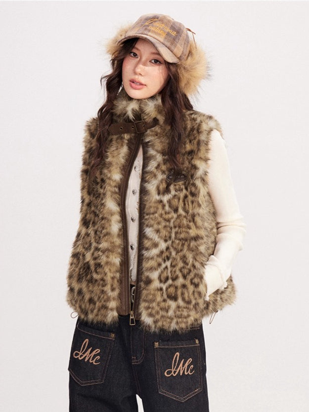 Leopard Print Spliced Faux Fur Vest
