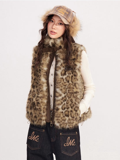 Leopard Print Spliced Faux Fur Vest