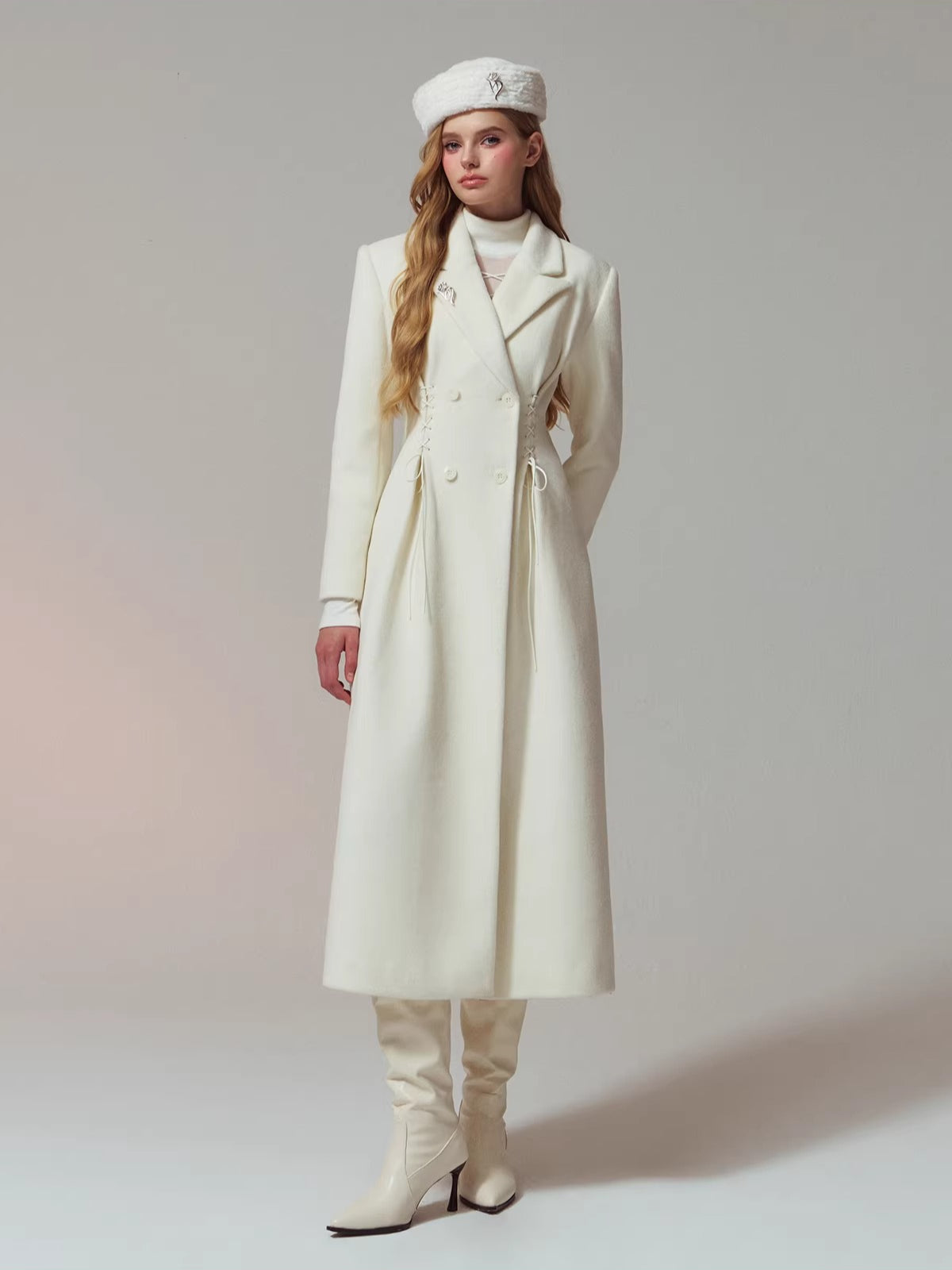 Laced Waist Double Breasted Wool Coat