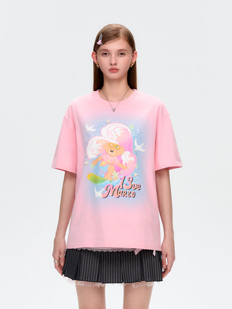 Island-style Bear Surfing Illustration Cotton T-shirt